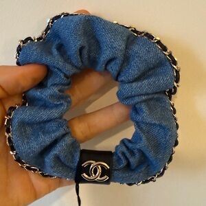 CHANEL Authentic Denim Blue Hair Scrunchie with Leather Detailing RARE NWT